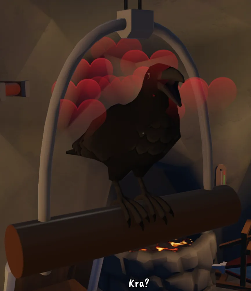 The raven on its perch in the Forge and Forget cave